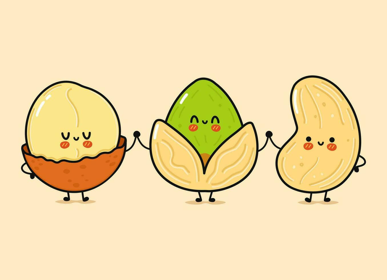 Cute, funny happy Macadamia, pistachio and cashews nut. Vector hand drawn cartoon kawaii characters, illustration icon. Funny happy cartoon Macadamia, pistachio and cashew nut mascot friends concept