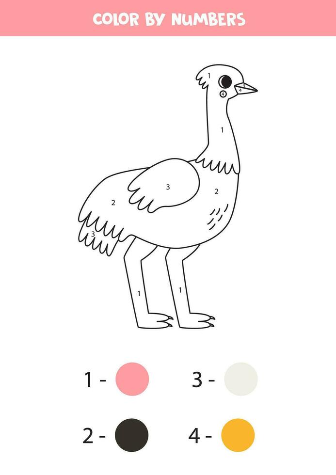 Coloring page with cute cartoon ostrich. Color by numbers. Math game for kids. vector