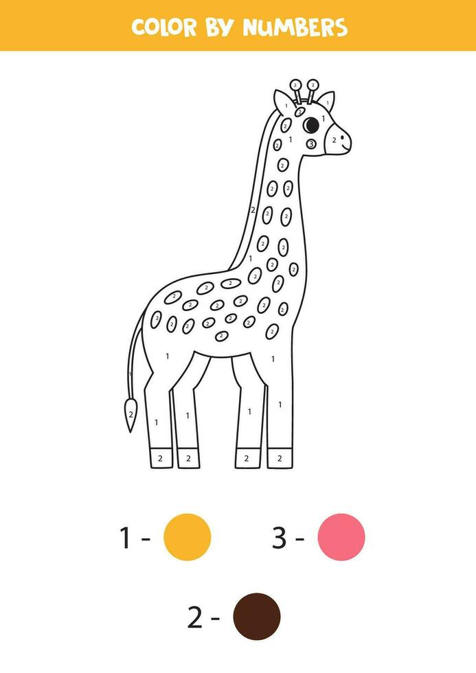 Color cartoon giraffe by numbers. Worksheet for kids. vector
