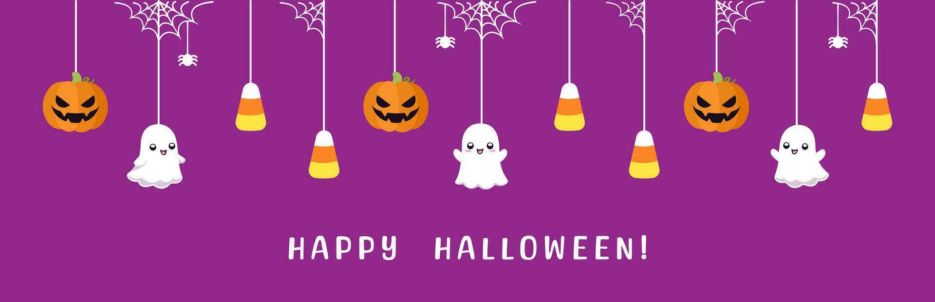 Happy Halloween border banner with ghost, candy corn and jack o lantern pumpkins. Hanging Spooky Ornaments Decoration Vector illustration, trick or treat party invitation