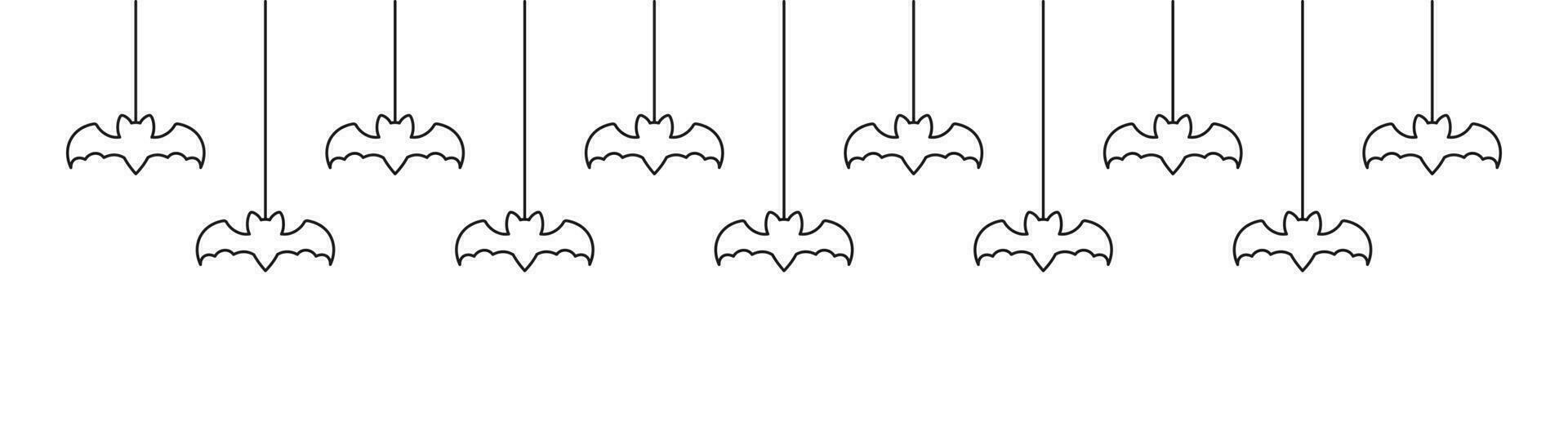Happy Halloween banner border with bats hanging from spider webs doodle outline. Spooky Ornaments Decoration Vector illustration, trick or treat party invitation