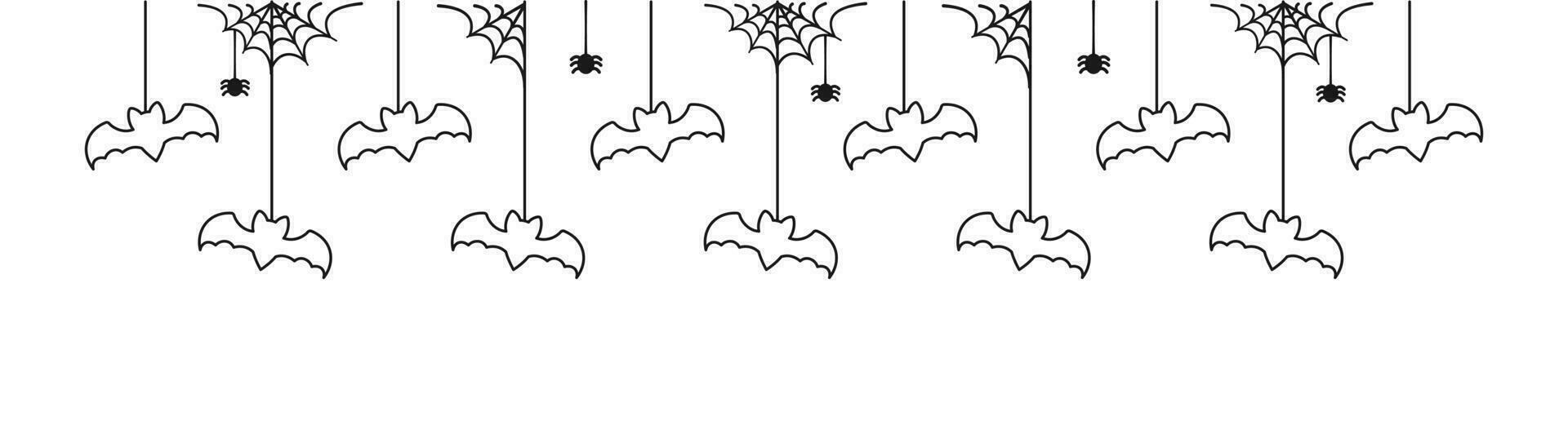 Happy Halloween banner border with bats hanging from spider webs doodle outline. Spooky Ornaments Decoration Vector illustration, trick or treat party invitation