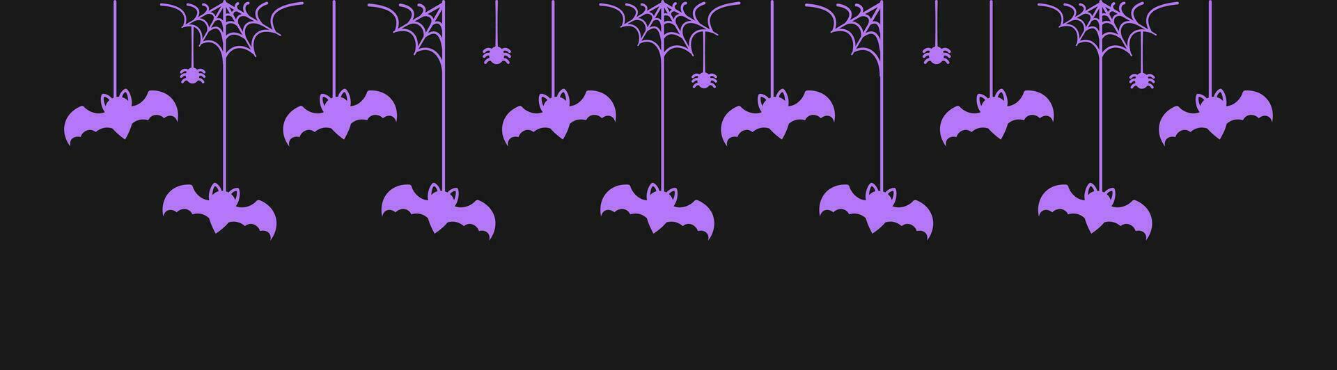 Happy Halloween banner border with bats hanging from spider webs. Spooky Ornaments Decoration Vector illustration, trick or treat party invitation