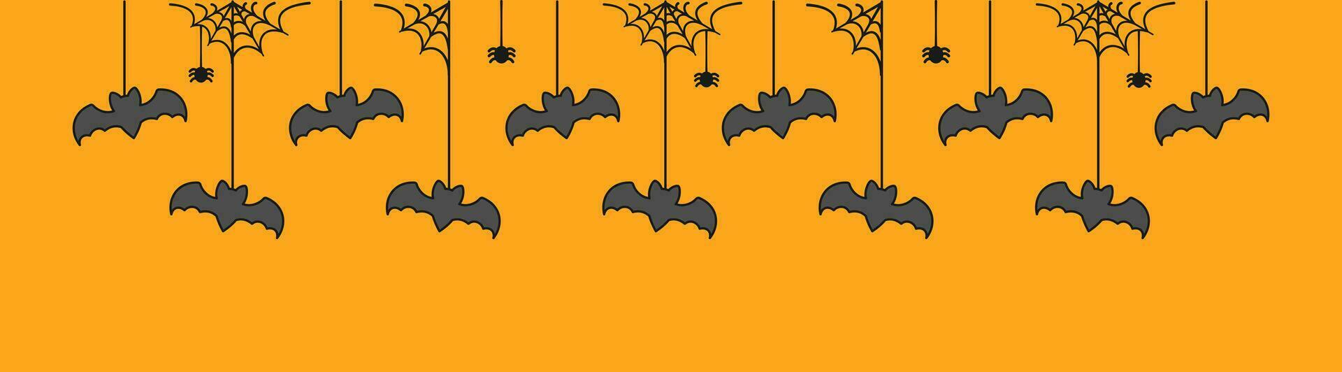 Happy Halloween banner border with bats hanging from spider webs. Spooky Ornaments Decoration Vector illustration, trick or treat party invitation