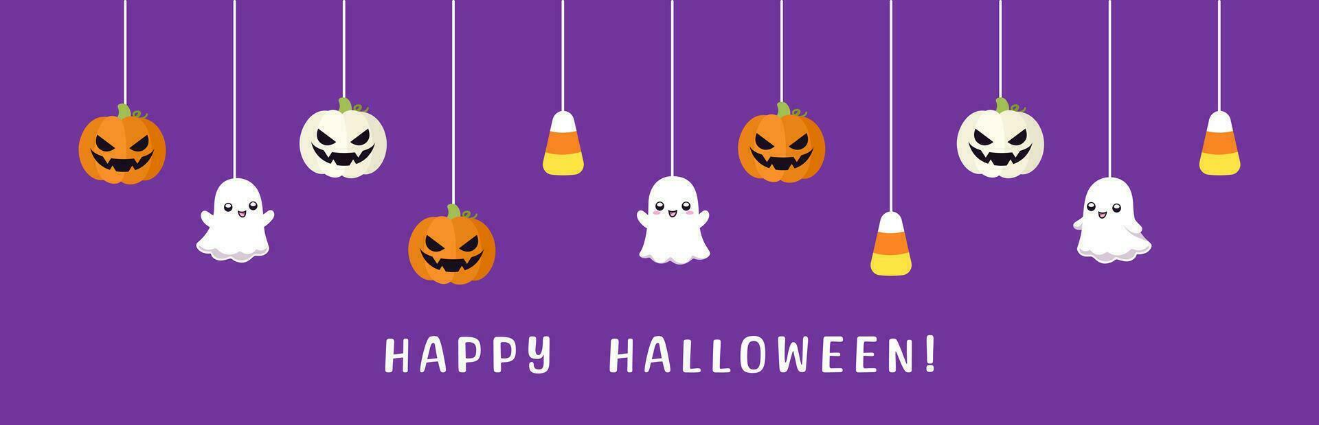 Happy Halloween border banner with ghost, candy corn and jack o lantern pumpkins. Hanging Spooky Ornaments Decoration Vector illustration, trick or treat party invitation