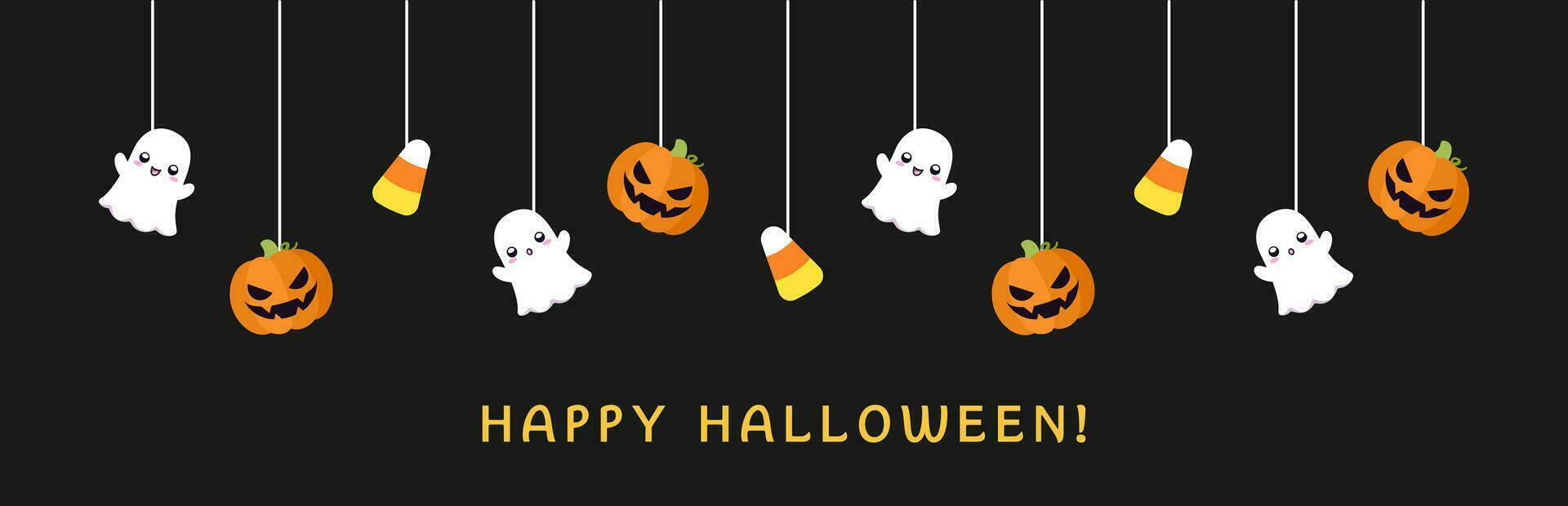 Happy Halloween border banner with ghost, candy corn and jack o lantern pumpkins. Hanging Spooky Ornaments Decoration Vector illustration, trick or treat party invitation