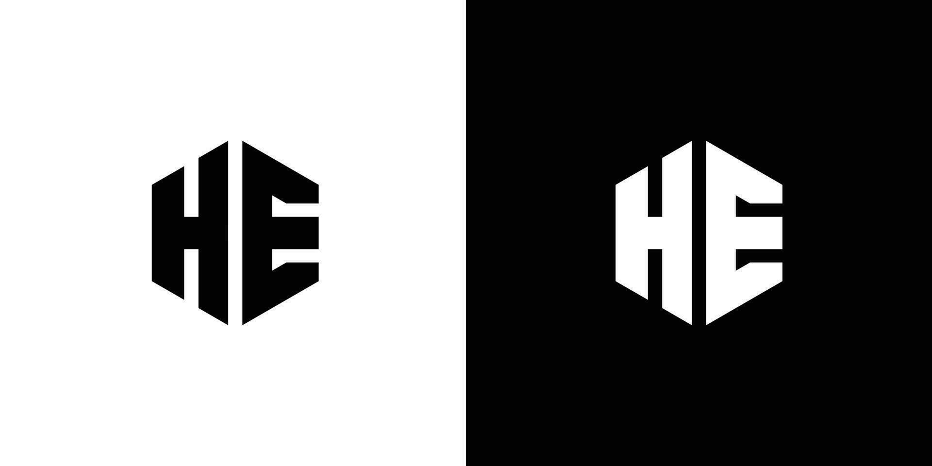Letter H E polygon, Hexagonal minimal and professional logo design on black and white background vector