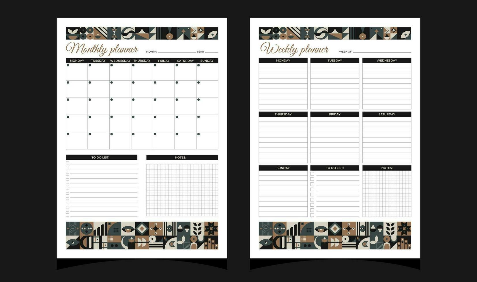 Planners set geometry. Weekly and monthly planners.  Planners printable template with geometric shapes. Blank white notebook page A4. Vector illustration.