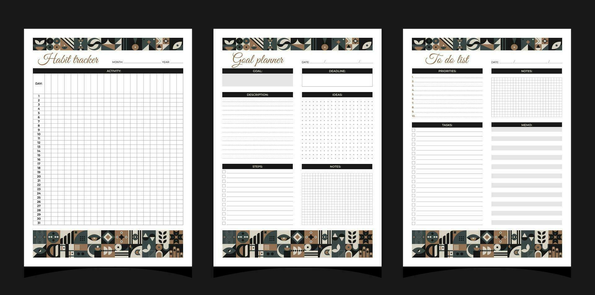 Planners set geometry. Habbit tracker, to do list and goal planners. Planners printable template with geometric shapes. Blank white notebook page A4. Vector illustration.