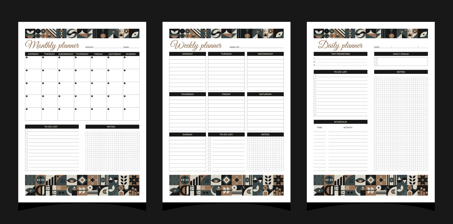 Planner set geometry weekly and monthly and daily planners planners