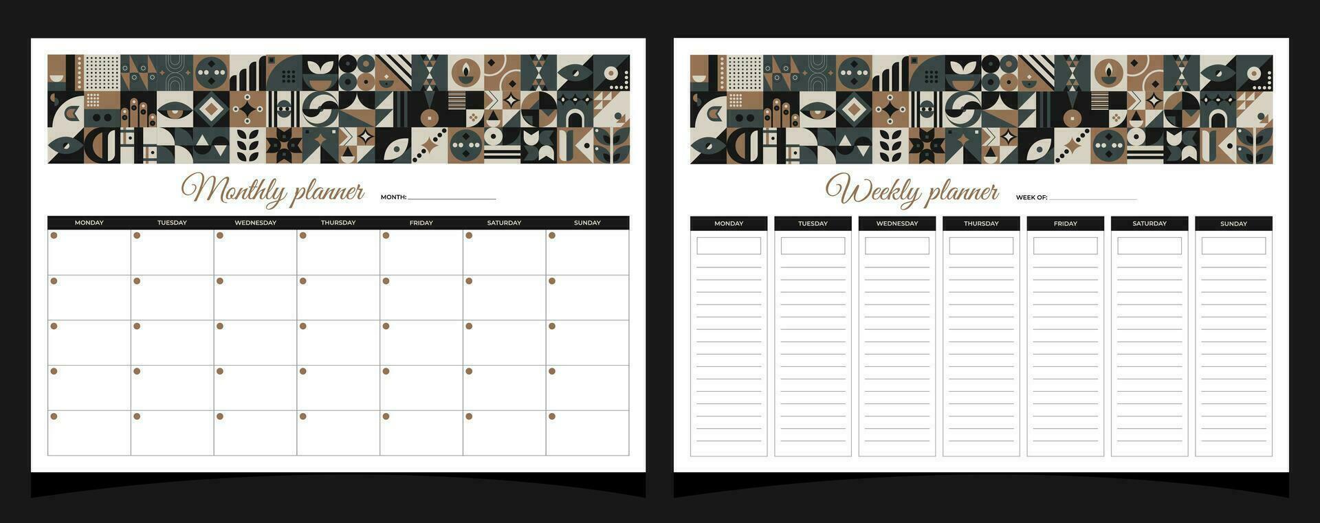 Planners set geometry. Monthly and weekly planners. Planners printable template with geometric shapes. Blank white notebook page A4. Vector illustration.