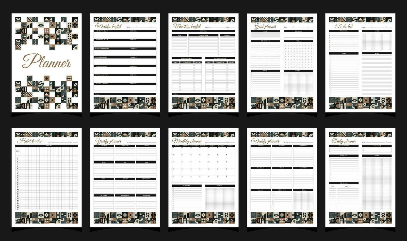 planificadores conjunto geometría. a diario, semanalmente, mensual, anual, hábito rastreador, a hacer lista, meta, mensual presupuesto, semanal presupuesto y cubrir. planificadores imprimible modelo con geométrico formas vector