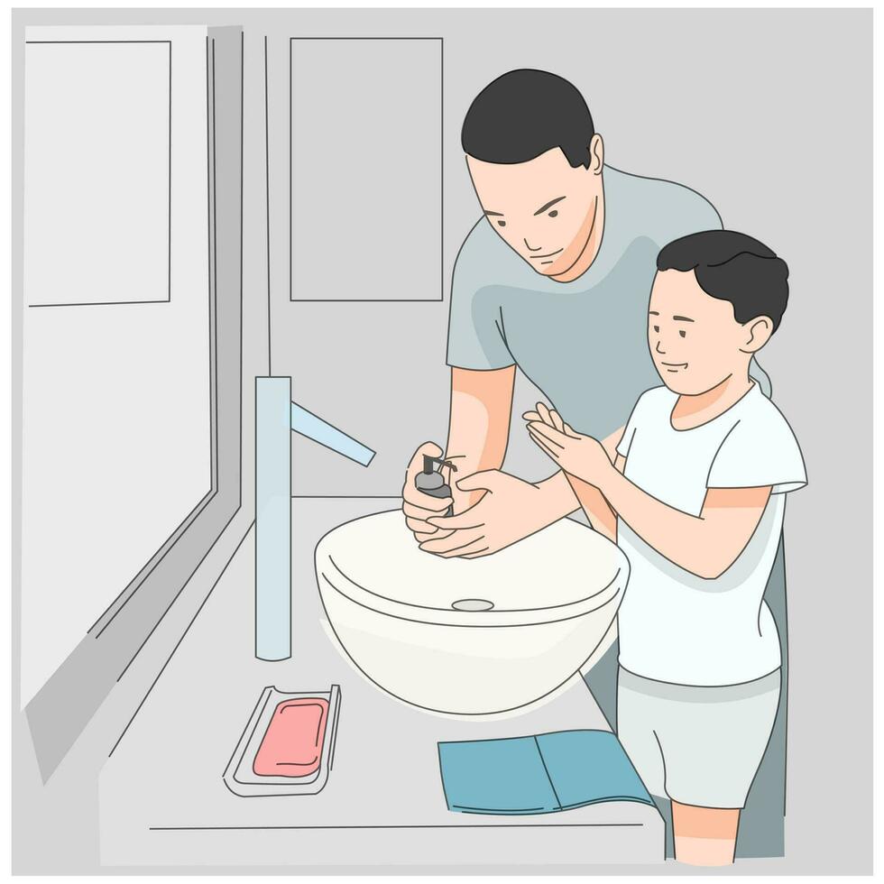 Father and son washing hands with soap cleaning together vector