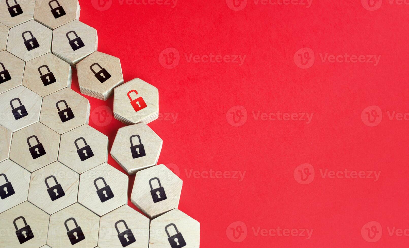 Security system is compromised and is falling apart. Corporate data leakage. Hacker attack. Search for software vulnerabilities. Violation of integrity. Multilevel network protection. photo
