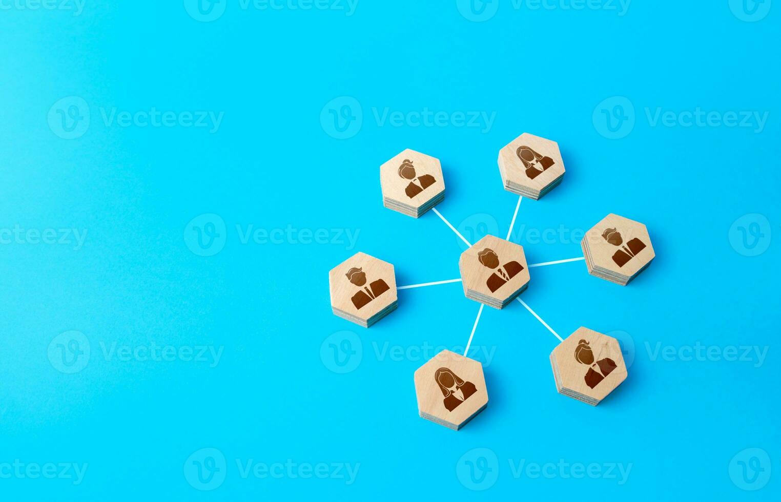 Leader manages his team. Leadership skills, staff control. Allocation of responsibilities and communication with employees. Subordination. Exchange of experience information. Decision making center. photo