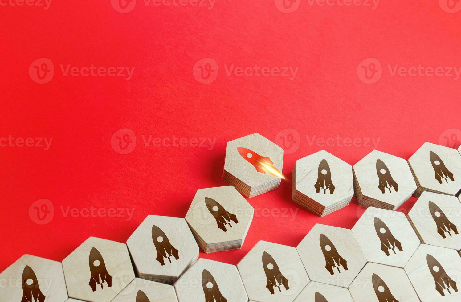 Rocket takes off first among others. Successful business startup with promising technology. Innovation, breaking new ground. Business unicorn. Best idea. Highly profitable investment. Achieve success. photo