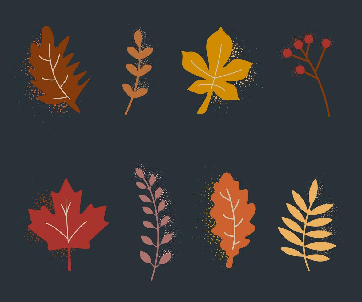 Colorful autumn leaves illustration set with a texture on a dark background. Vector