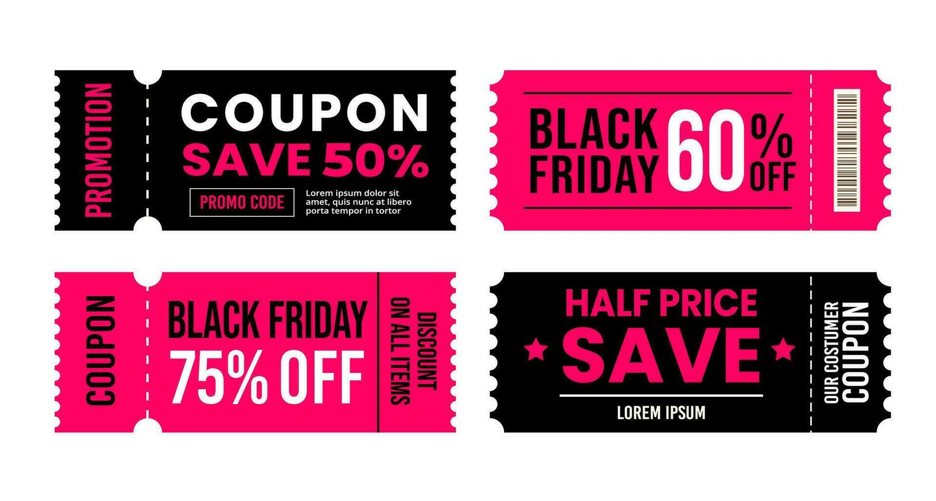 Set of Black friday sale coupon template. Black and pink tickets with a great deal vector