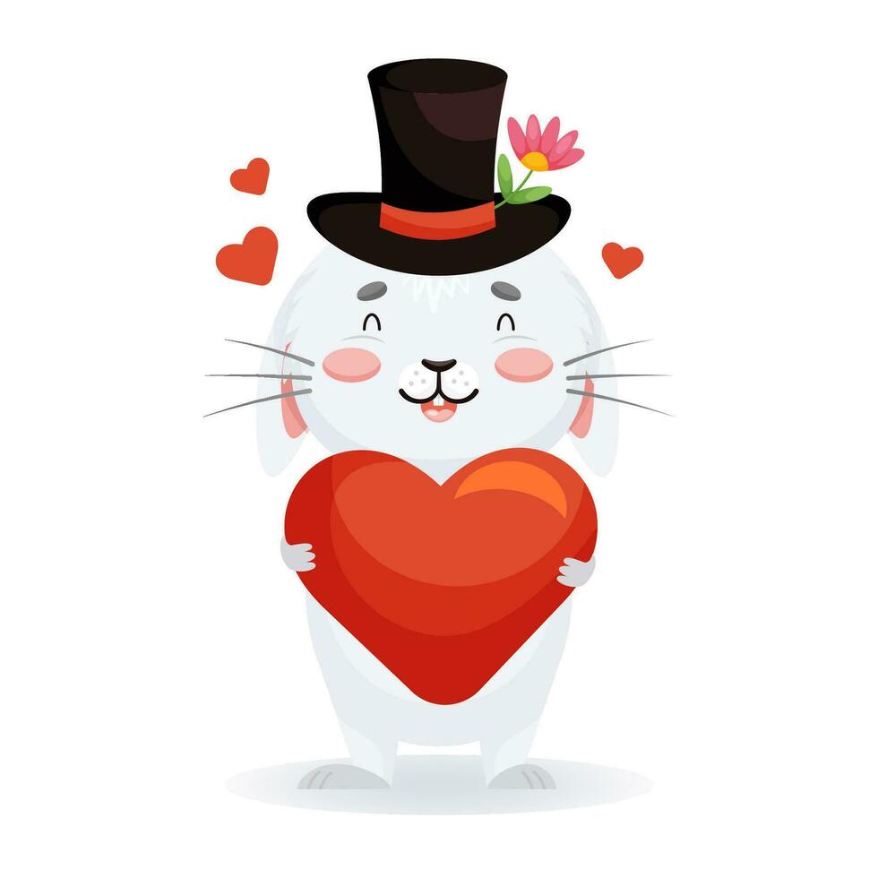 Cute gray rabbit hugs a red heart and around him small hearts. Romantik bunny in cylinder hat. Character in cartoon style for St. Valentine vector