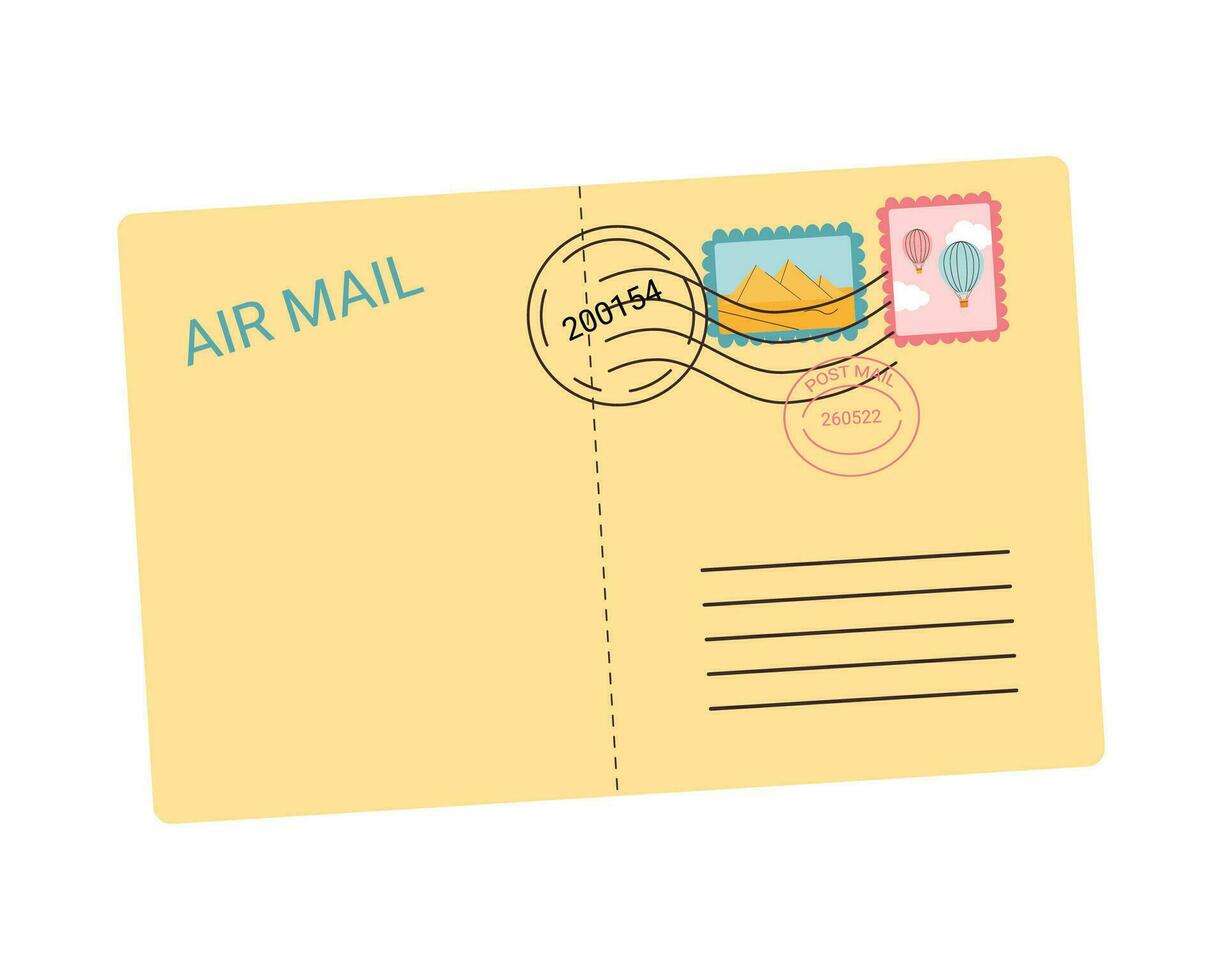 Closed airmail envelope with post stamps and seals from journey. Paper mail correspondence vector