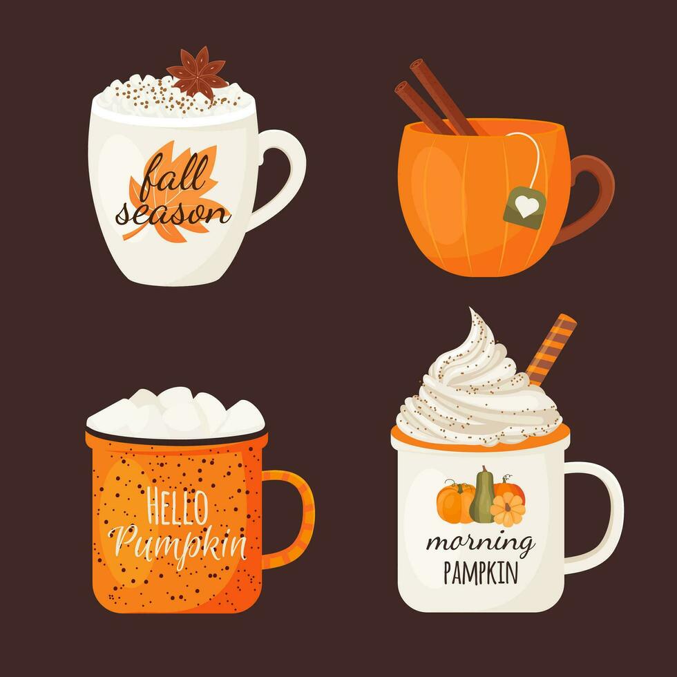 Collection of mugs fall season. Tasty pumpkin spice cappicino with cream. Coffee with marshmallows and cinnamon. Spiced tea with cinnamon sticks. vector