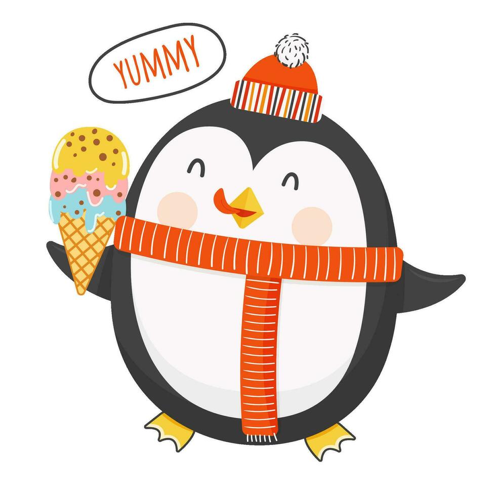 linda bebé pingüino es participación un hielo crema cono en sus pata. dibujos animados personaje para pegatina, tarjeta postal vector