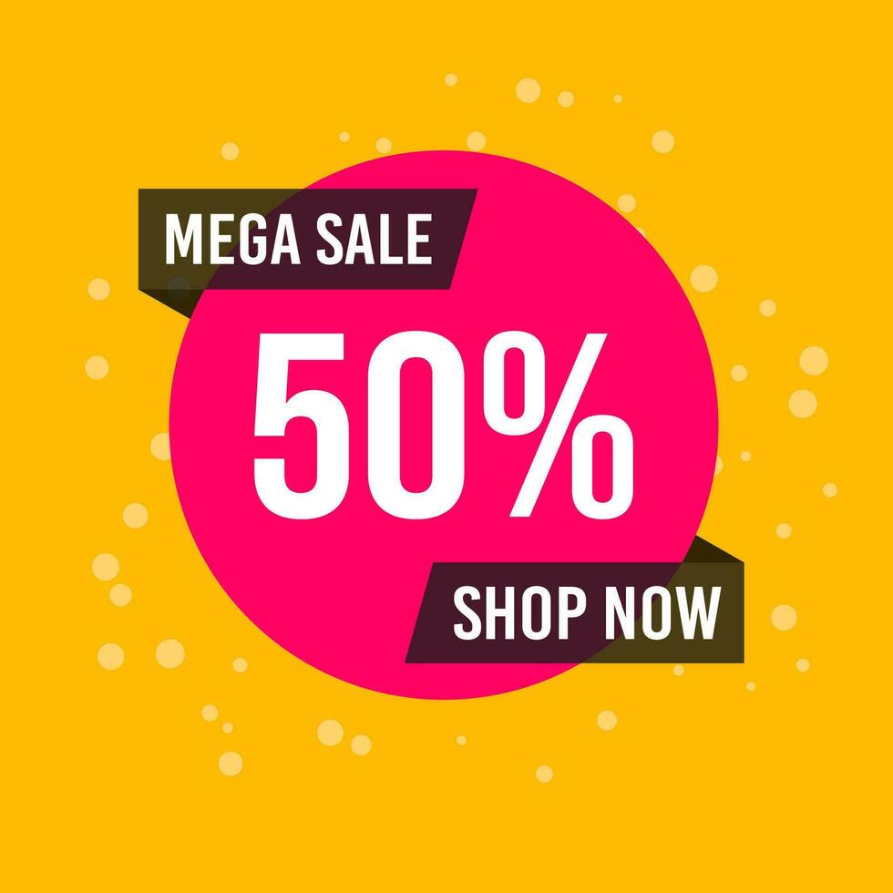 Square orange discount banner. Mega sale in store. Vector design pink round shape discount template