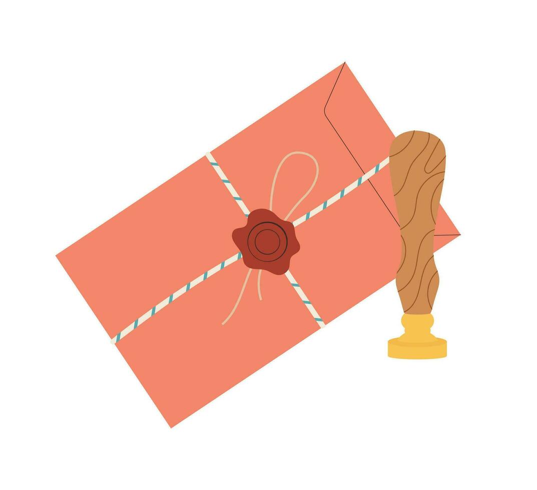 Closed craft envelope sealed with wooden wax stamp. Vintage paper mail and stamper. Abstract postal composition vector