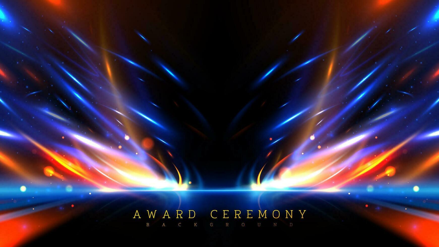 Blue curve  light overlap gold ray motion effects on black background with bokeh decorations. vector