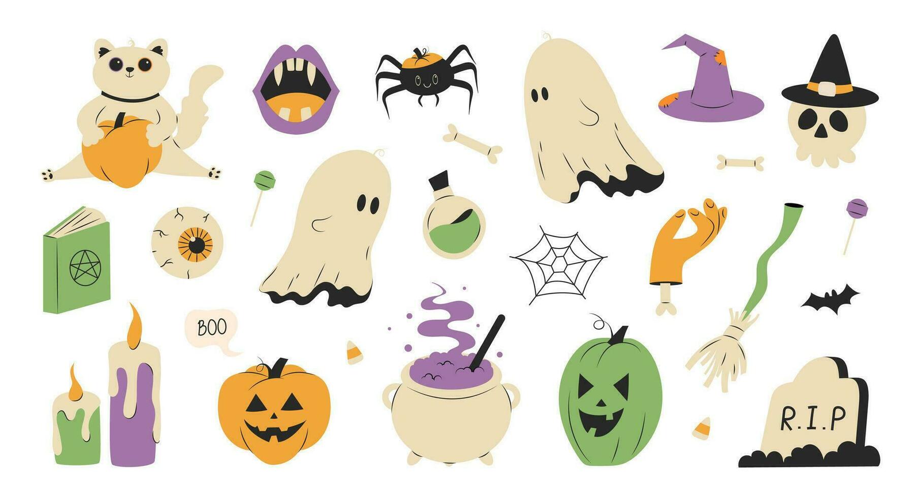 Halloween set with cute and spooky characters and stuff. Funny doodle Helloween bundle with holiday pumpkin, hat, candy for October party. Kids flat vector illustrations isolated on white background