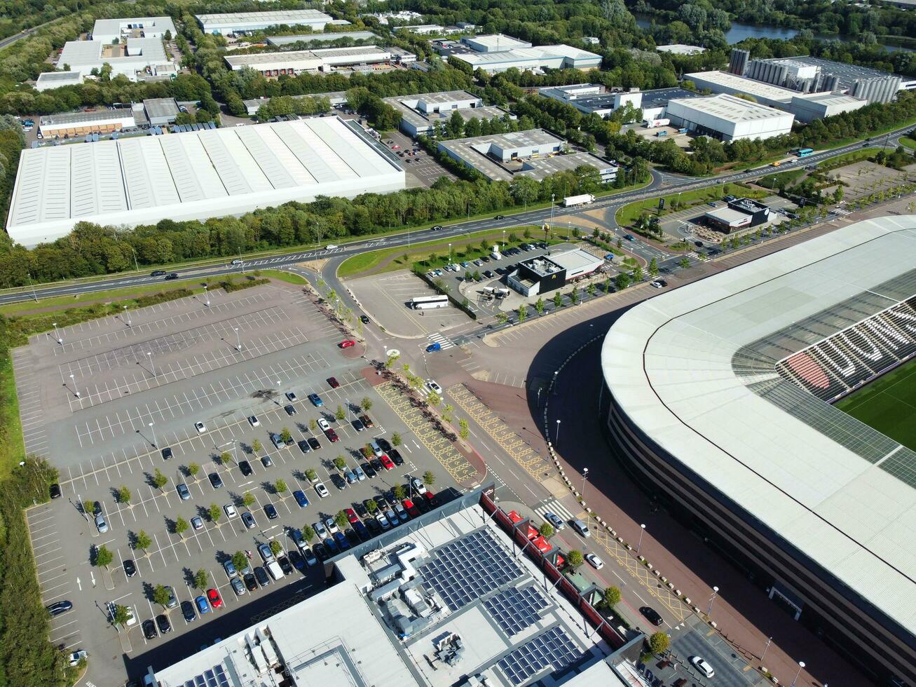 Aerial view of Modern Football Stadium MK Don at Milton Keynes City of England United Kingdom, The Footage Was captured on August 21st, 2023 During Bright sunny Day with Drone's Camera photo