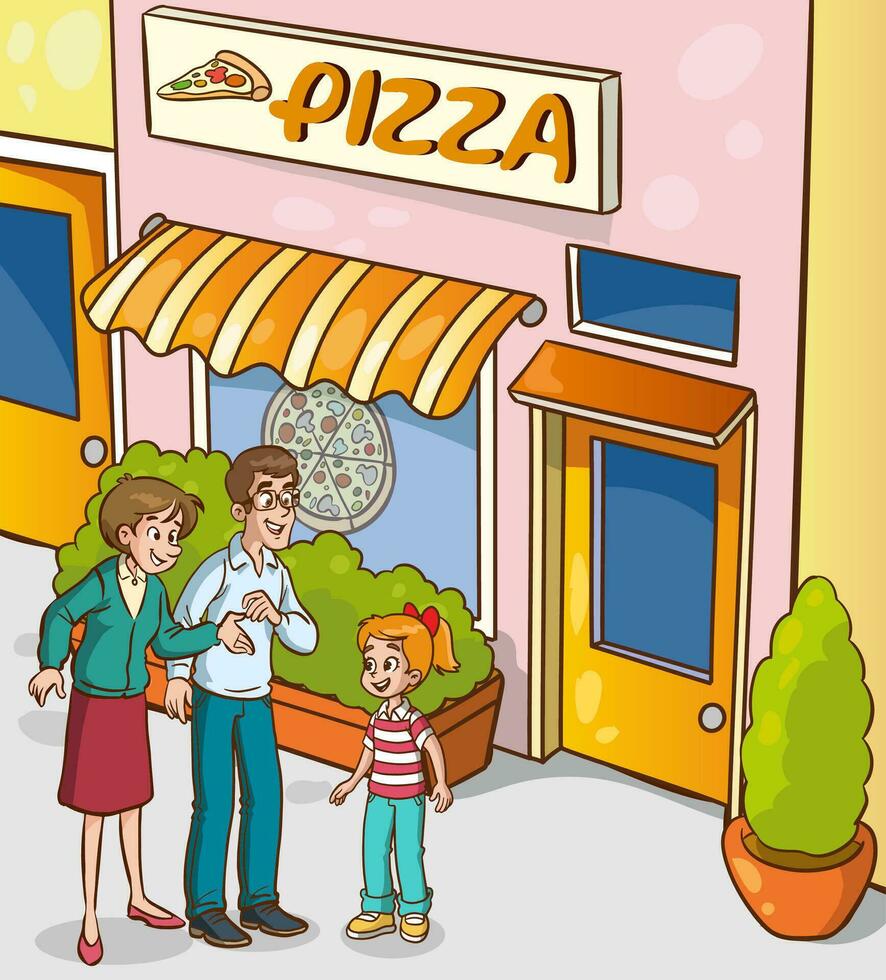 vector illustration of happy cute family going out to eat pizza