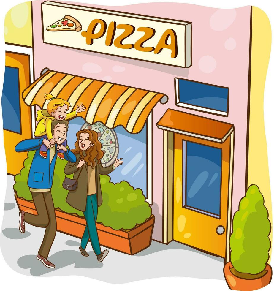 vector illustration of happy cute family going out to eat pizza