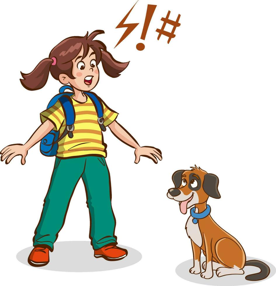 vector illustration of kid afraid of dog