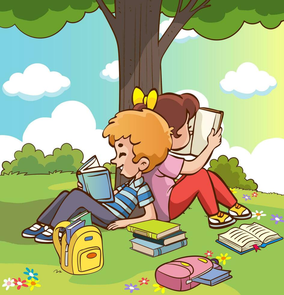 vector illustration of cute kids reading together under the tree