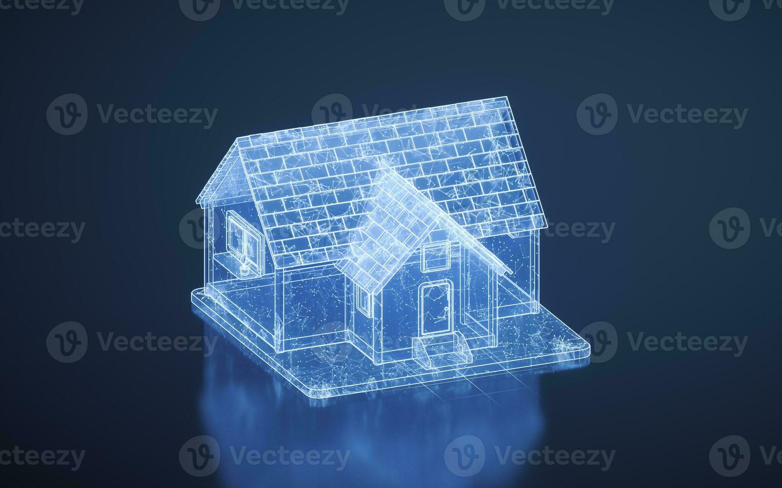 3D cartoon house with blue digital lines, 3d rendering. photo