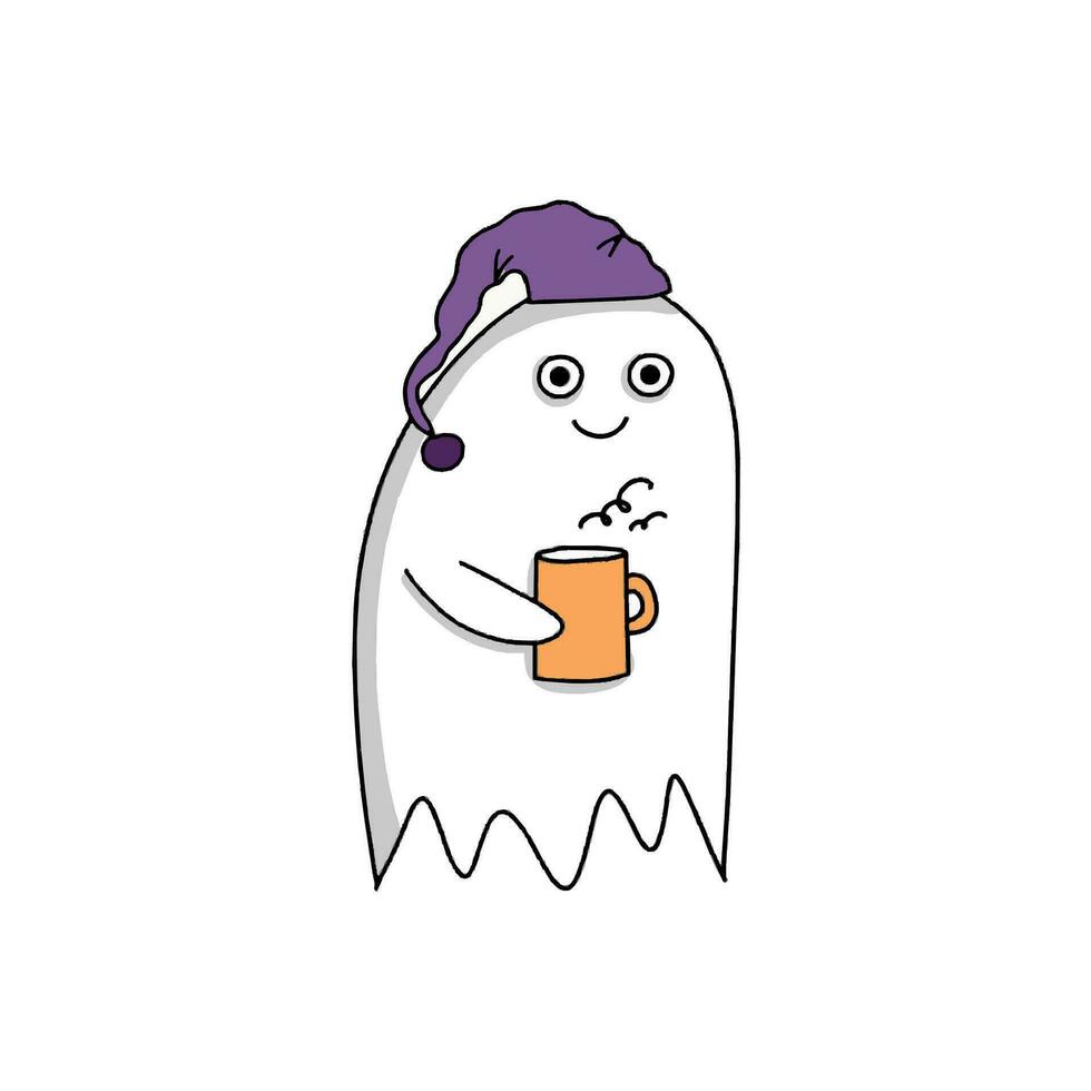 doodle simple ghost character. halloween ghost with a cup of tea or coffee vector