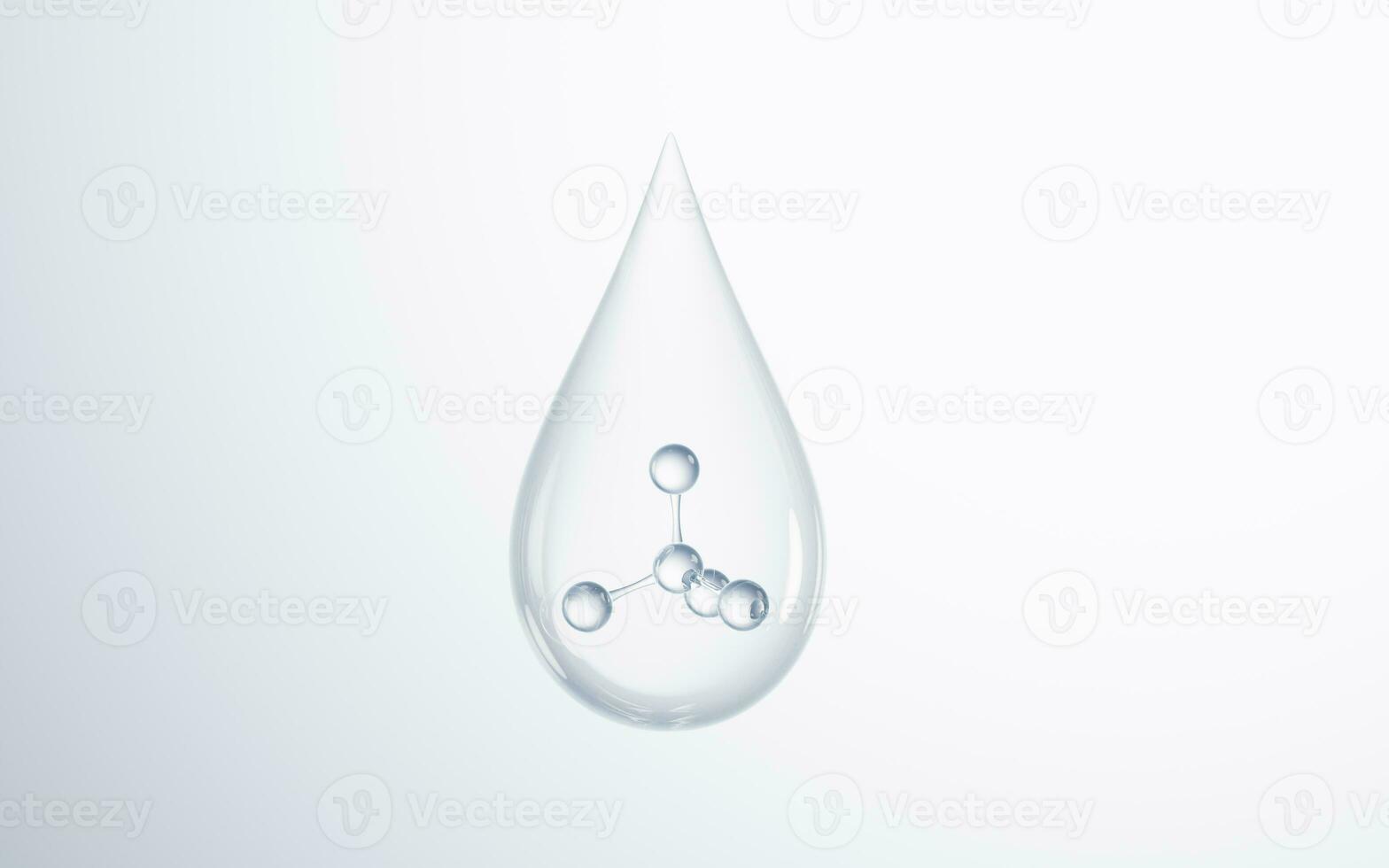 Transparent water drop with molecule inside, 3d rendering. photo