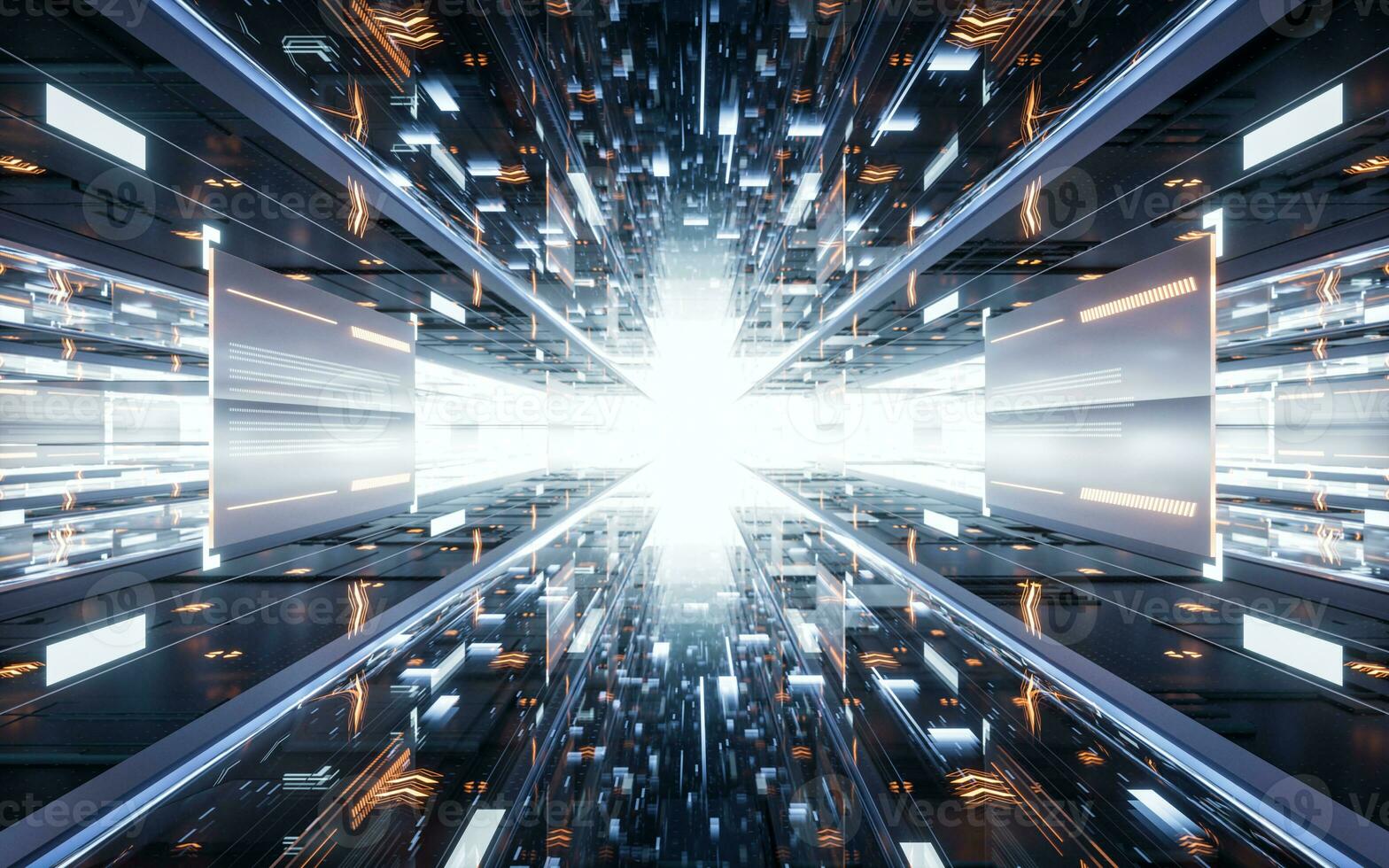 Digital cyberspace tunnel, technology background, 3d rendering. photo
