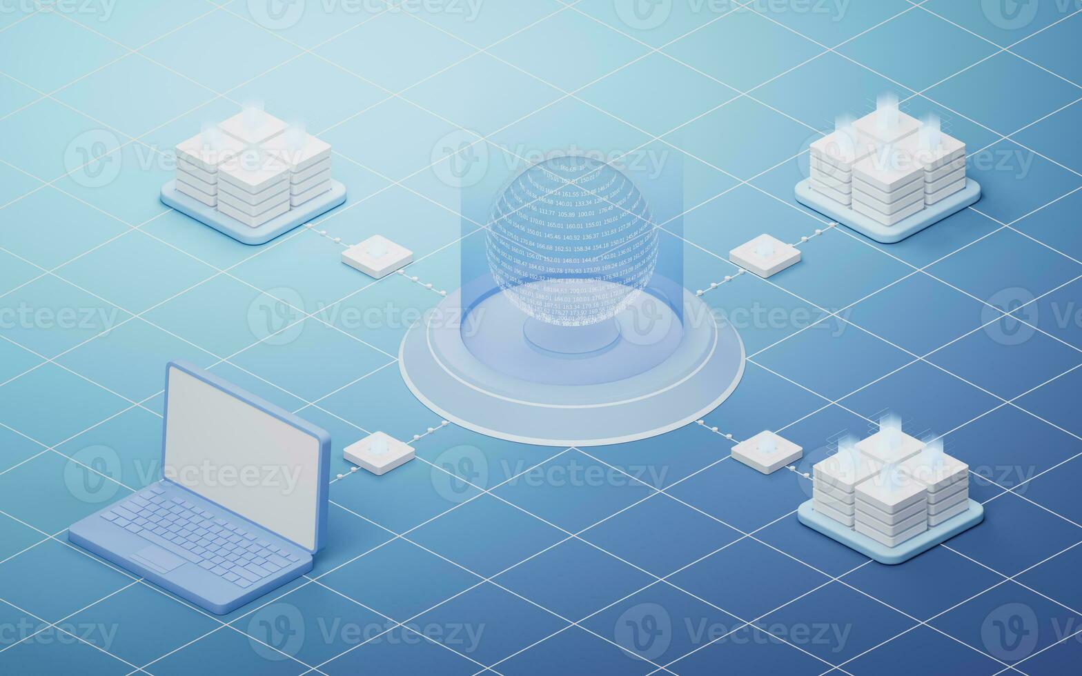 Transparent data sphere with server hardware, 3d rendering. photo