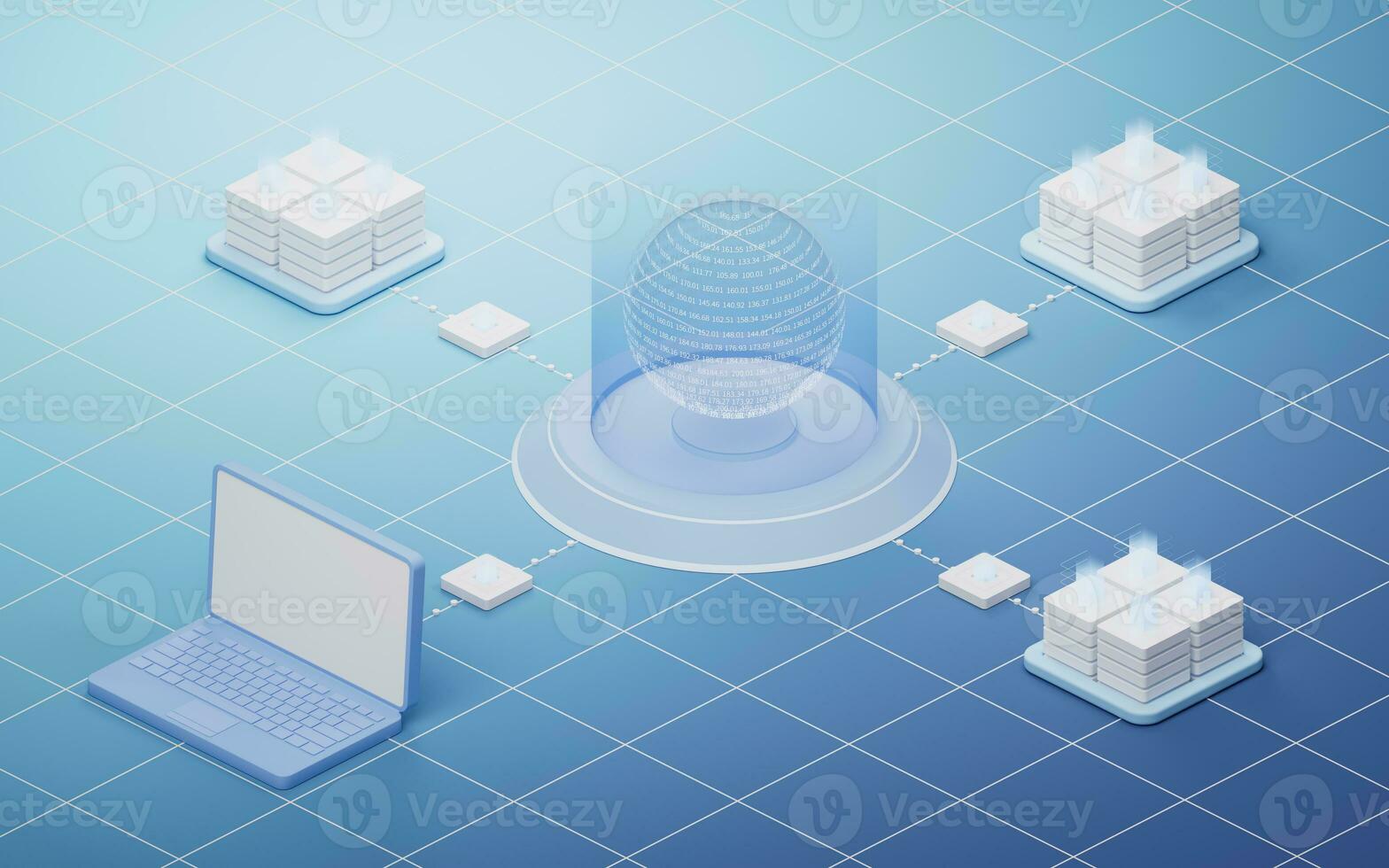 Transparent data sphere with server hardware, 3d rendering. photo