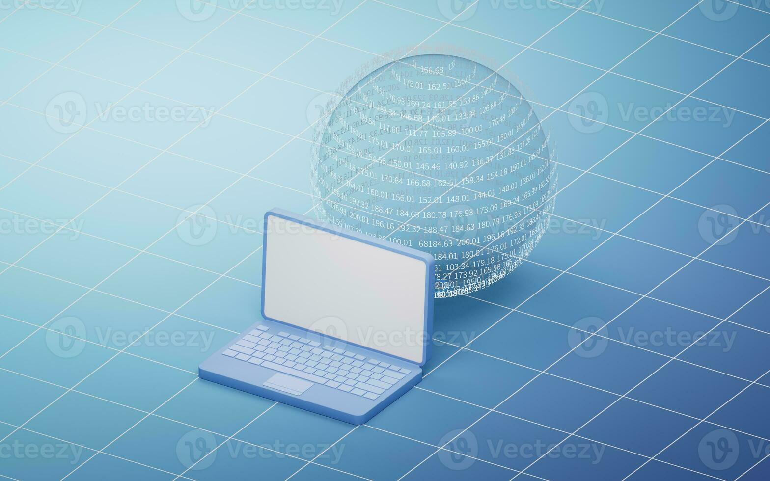 Transparent data sphere with laptop, 3d rendering. photo