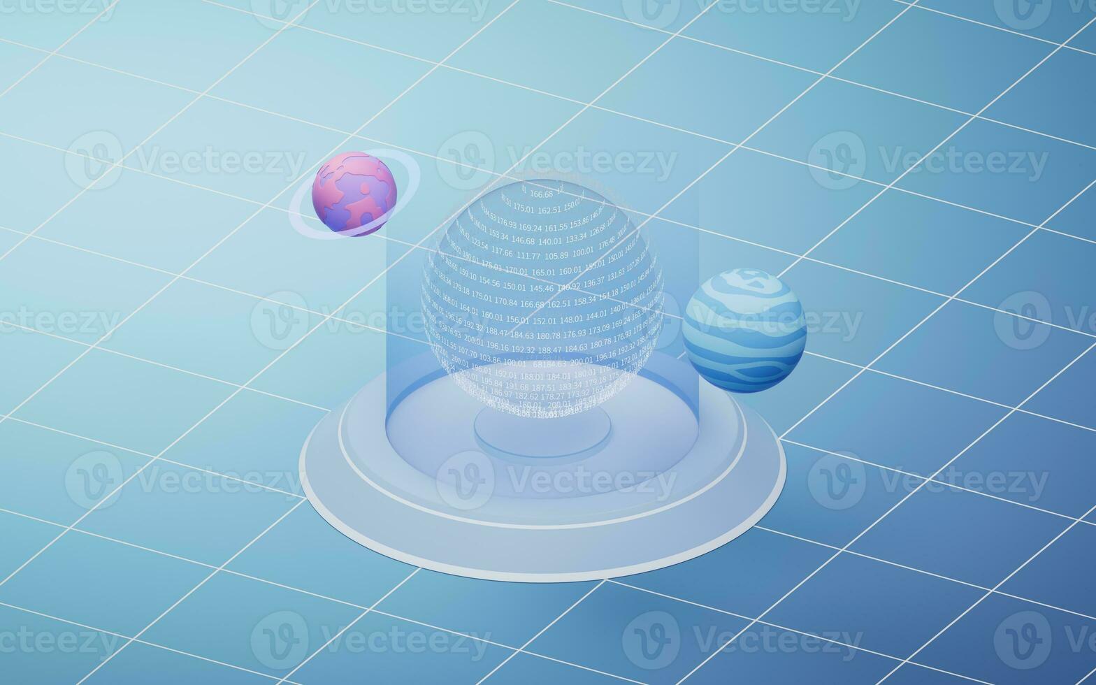 Transparent data sphere with planets, 3d rendering. photo