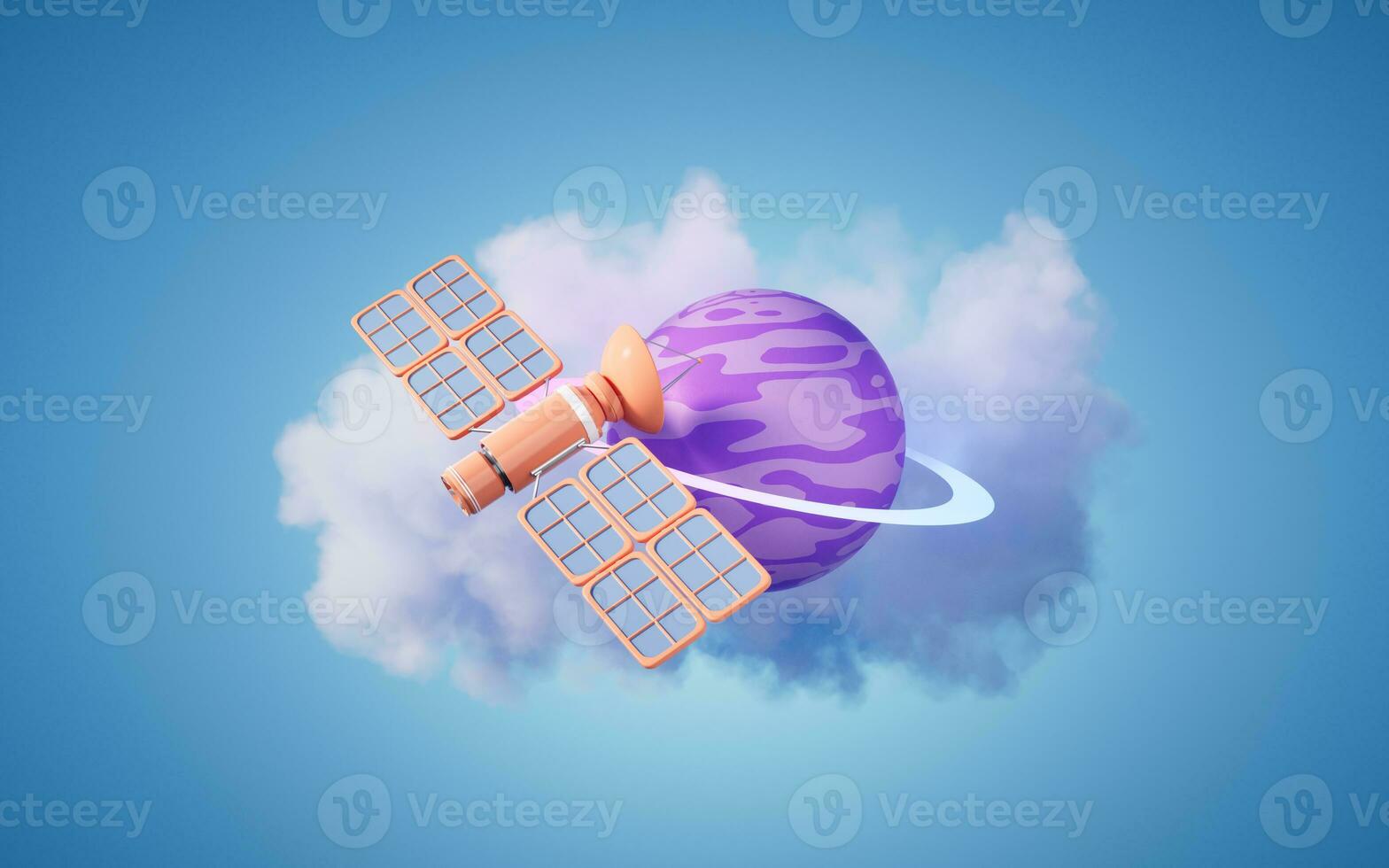 Cartoon style planet and artificial satellite, 3d rendering. photo