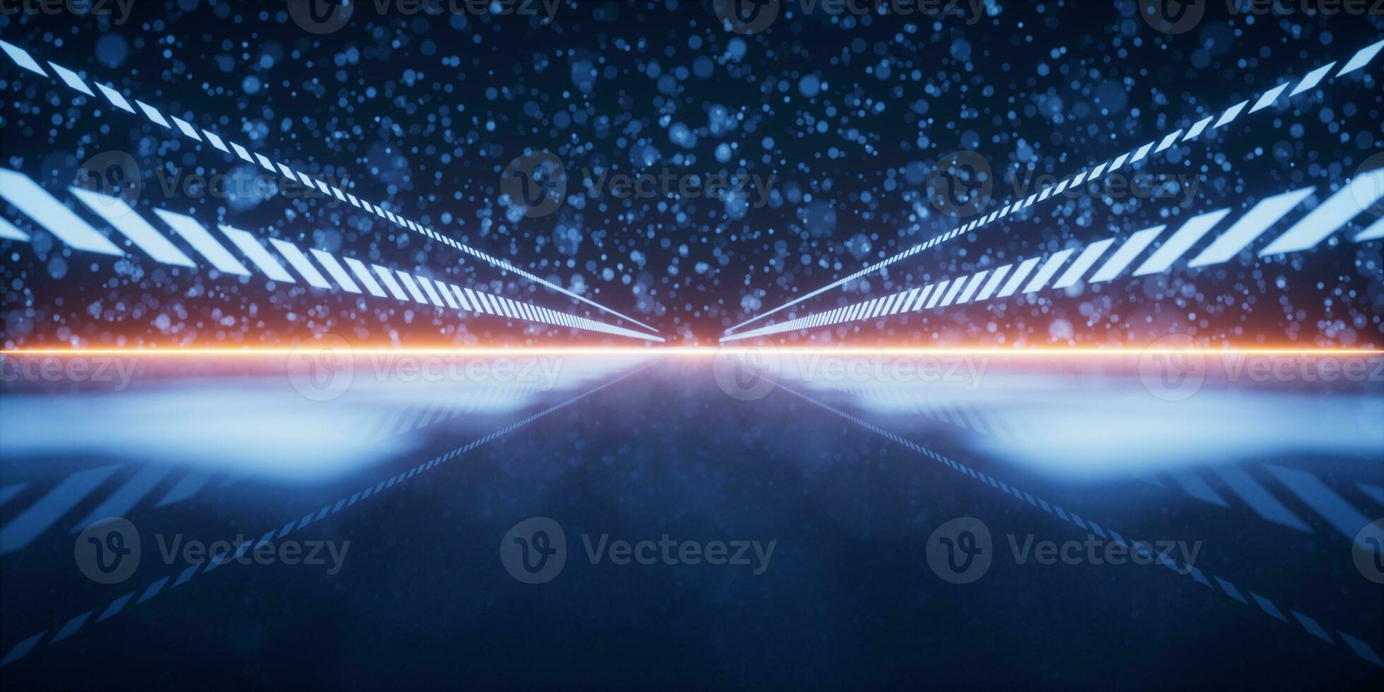 Racing track with glowing particles background, 3d rendering. photo