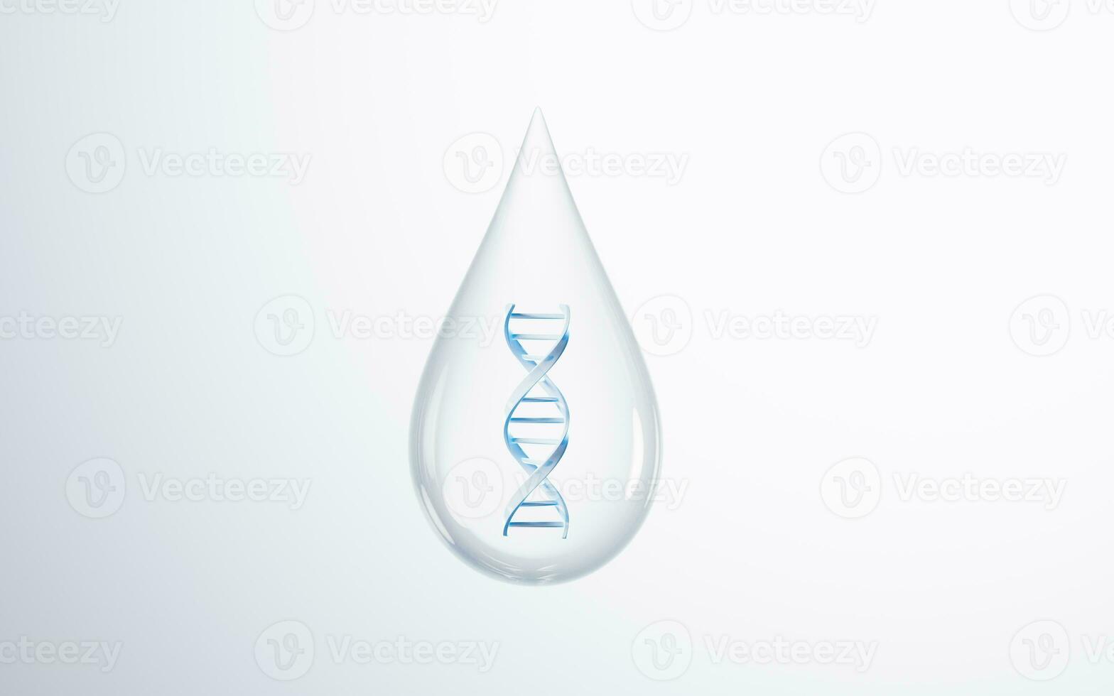 Transparent water drop with DNA inside, 3d rendering. photo