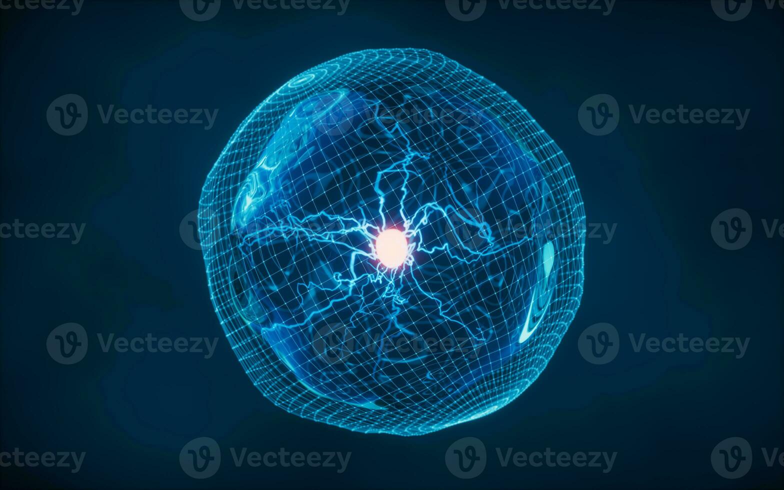 Transparent cell with glowing nucleus inside, 3d rendering. photo