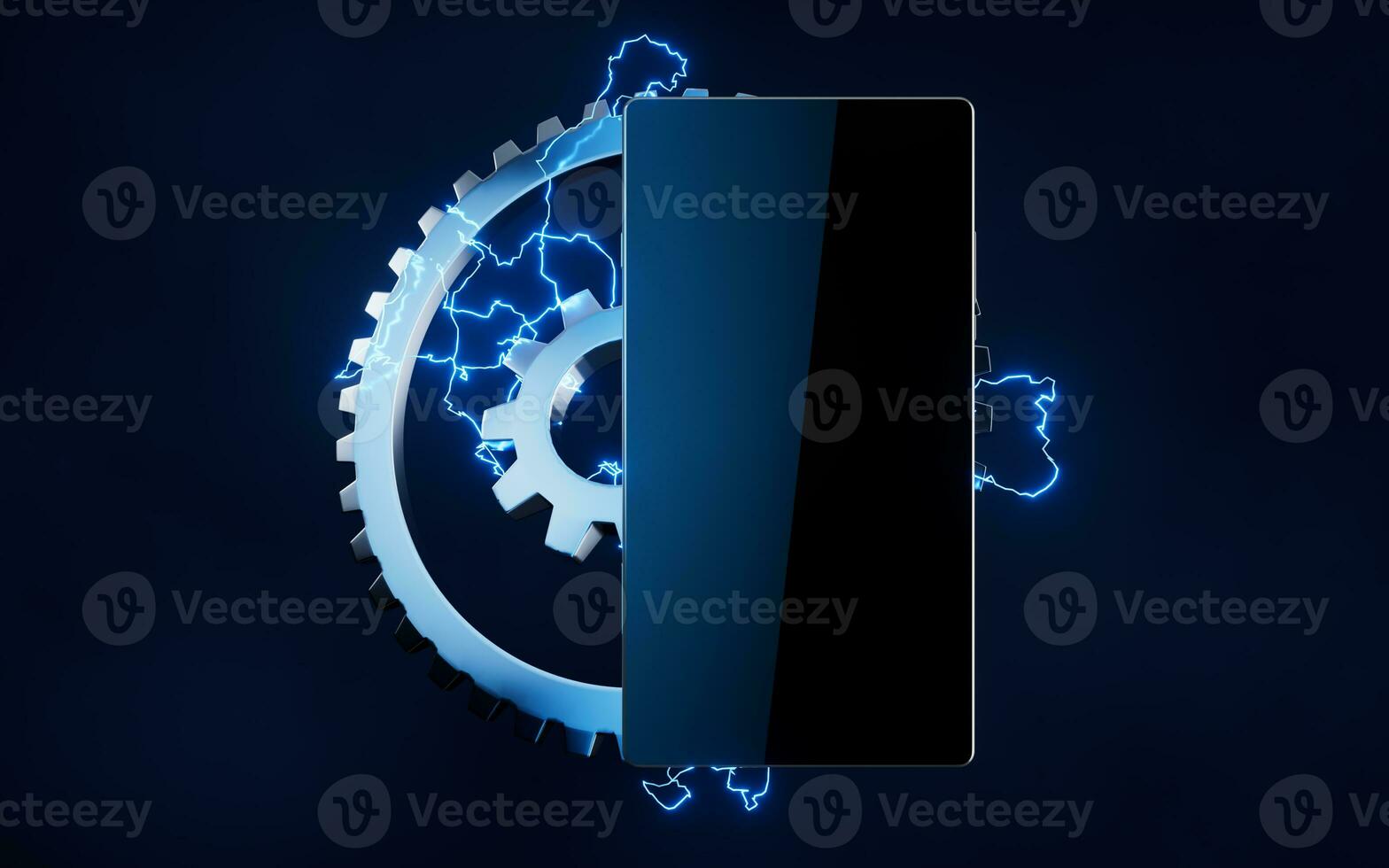 Mobile phone and gears with lightning effect, 3d rendering. photo