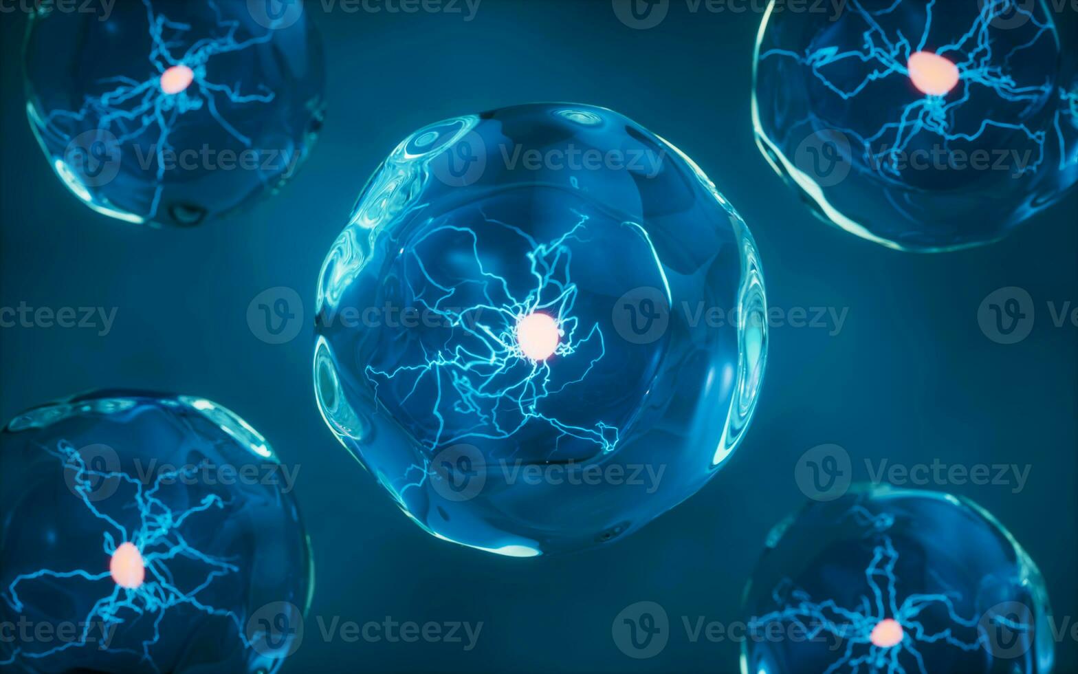 Transparent cell with glowing nucleus inside, 3d rendering. photo