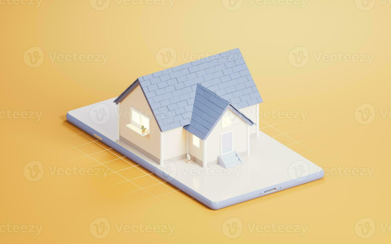3D cartoon house with mobile phone, 3d rendering. photo